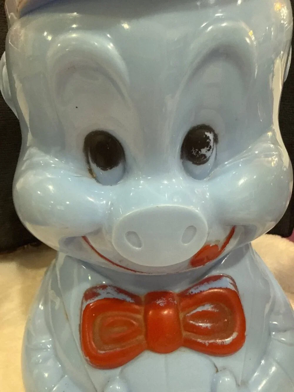 Vintage Blue & Red Celluloid porky pig cookie jar Bow Tie